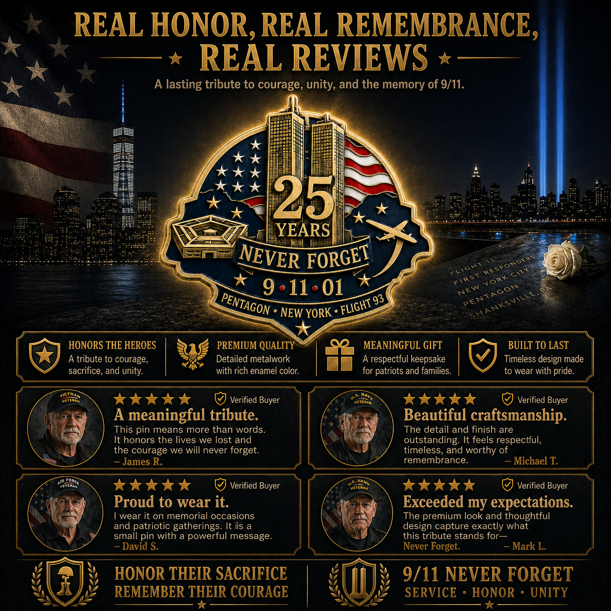 🕯️ 9/11 "New York • Pentagon • Flight 93" 25th Anniversary Remembrance Pin