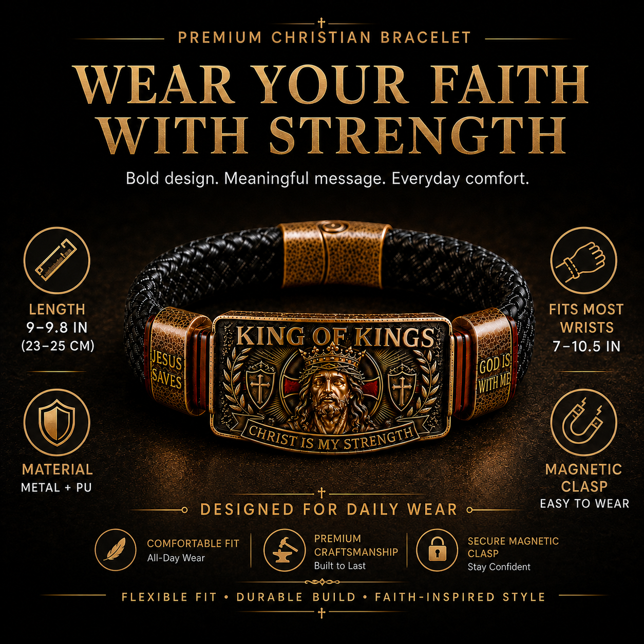 ✝️ King of Kings Faith Bracelet – Adjustable Christian Wristband Gift