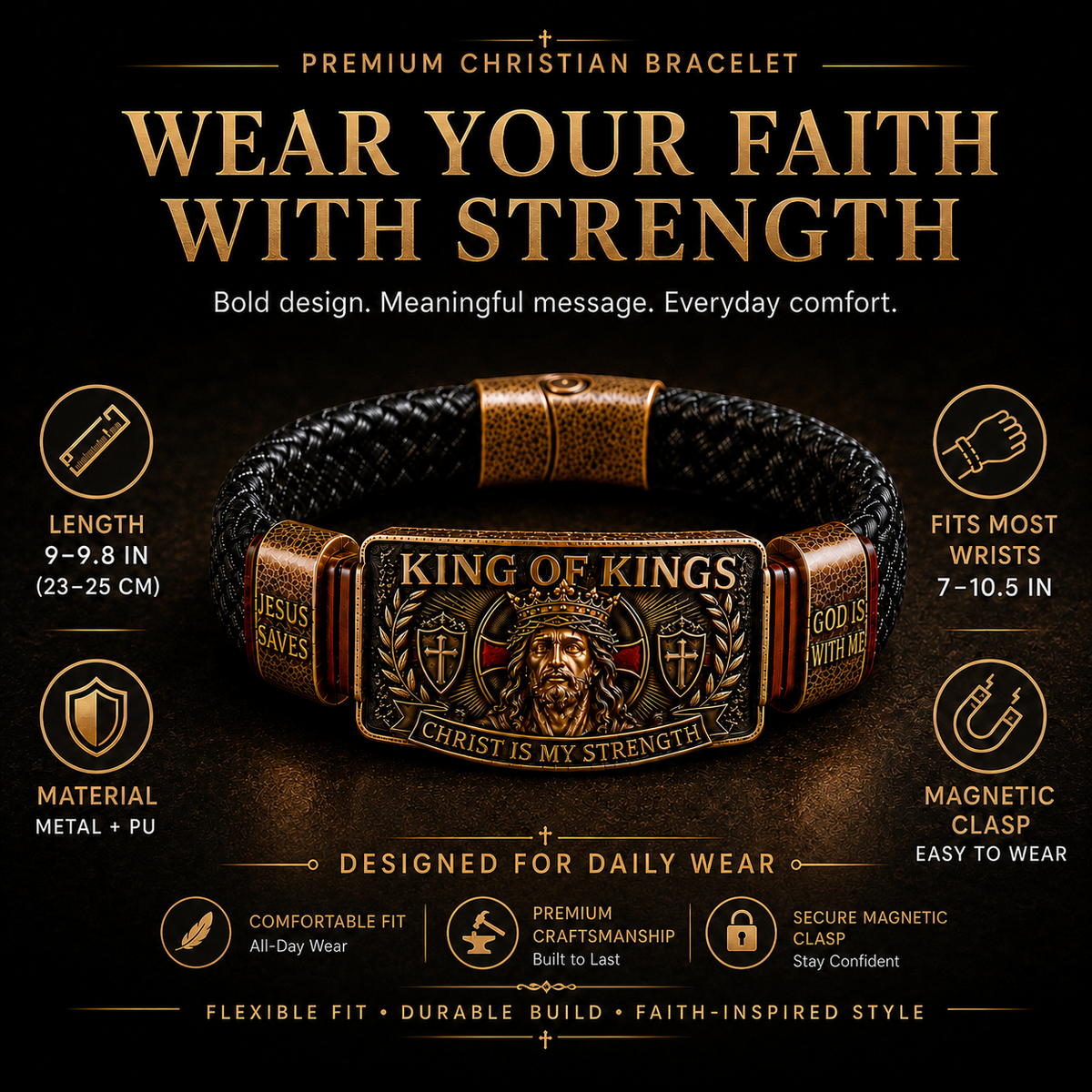 ✝️ King of Kings Faith Bracelet – Adjustable Christian Wristband Gift